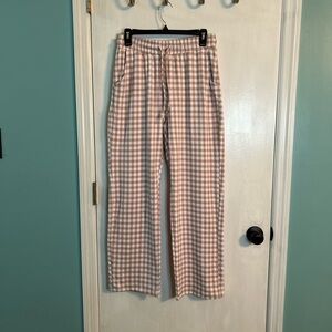 Women’s Super Soft Pink and White Gingham Checked Drawstring Knit Pants, Size L